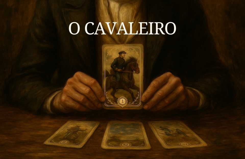 O arquétipo da Carta de número 1 do Baralho Cigano Terapêutico "O Cavaleiro" também conhecida como "O Mensageiro" sendo segurada pelas mãos de um cartomante sobre uma mesa.