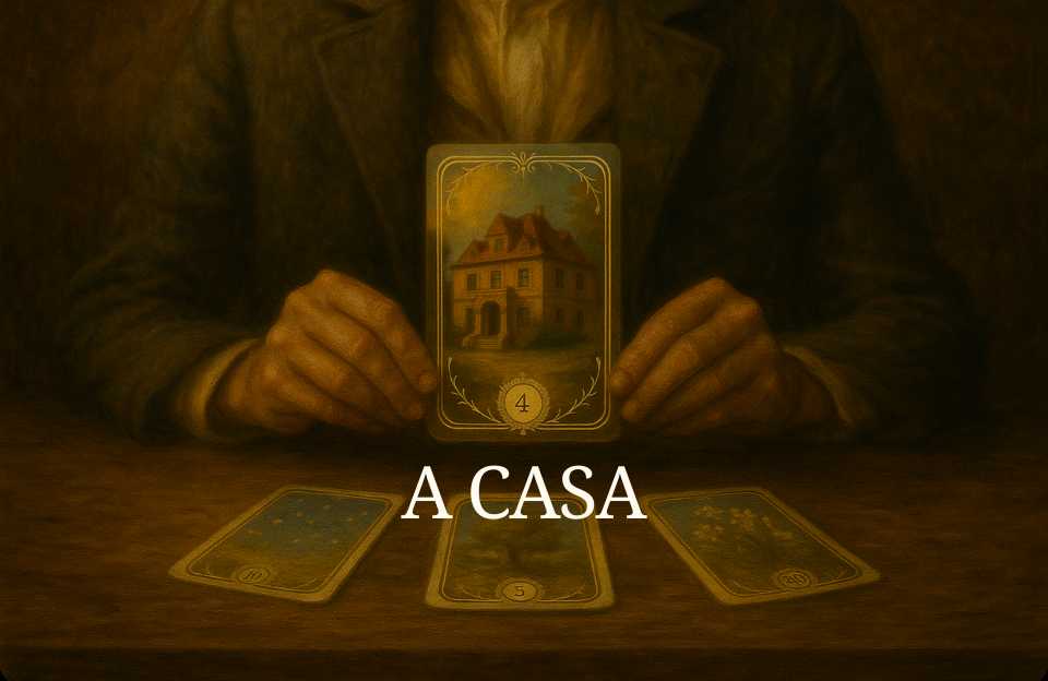 O arquétipo da Carta de número 4 do Baralho Cigano Terapêutico "A Casa", representando uma casa robusta em meio a um jardim gramado com árvores em um dia claro, sendo segurada pelas mãos de um cartomante sobre uma mesa.
