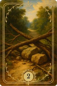 O arquétipo da Carta de número 2 do Baralho Cigano Terapêutico "Obstáculos" representado por um caminho obstruído por galhos de árvores e pedras.