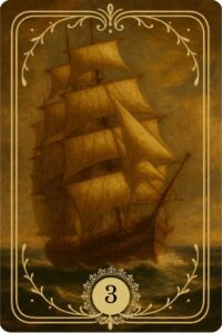 O arquétipo da Carta de número 3 do Baralho Cigano Terapêutico "O Navio" também conhecida como "O Barco", representando um grande navio com imensas velas navegando livremente em alto mar.