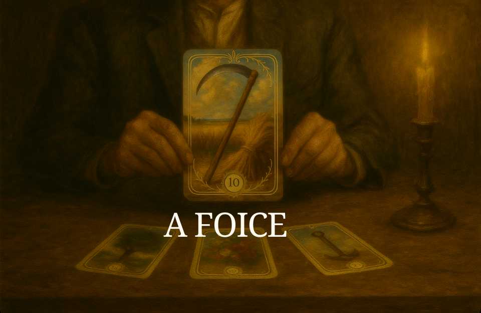 O arquétipo da Carta de número 10 do Baralho Cigano Terapêutico "A Foice" sendo segurada pelas mãos de um cartomante sobre uma mesa.