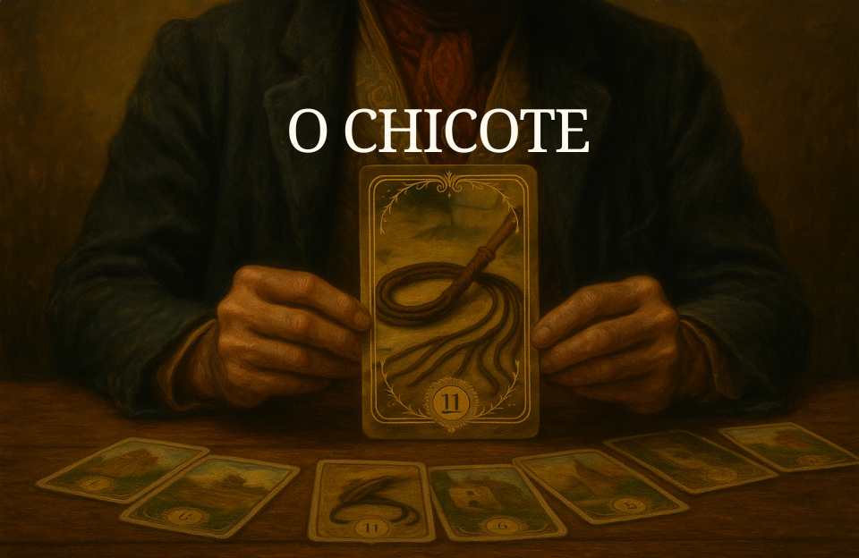 O arquétipo da Carta de número 11 do Baralho Cigano Terapêutico "O Chicote" também conhecida como "O Açoite" sendo segurada pelas mãos de um cartomante sobre uma mesa.