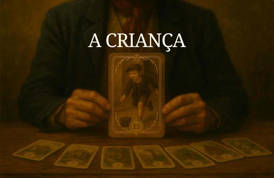O arquétipo da Carta de número 13 do Baralho Cigano Terapêutico "A Criança", sendo segurada pelas mãos de um cartomante sobre uma mesa.