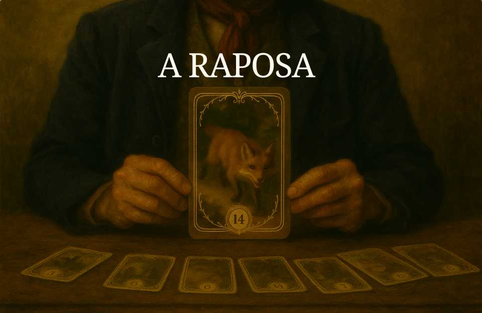 O arquétipo da Carta de número 14 do Baralho Cigano Terapêutico "A Raposa" sendo segurada pelas mãos de um cartomante sobre uma mesa.