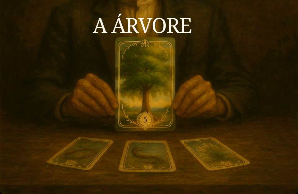 O arquétipo da Carta de número 5 do Baralho Cigano Terapêutico "A Árvore" sendo segurada pelas mãos de um cartomante sobre uma mesa.
