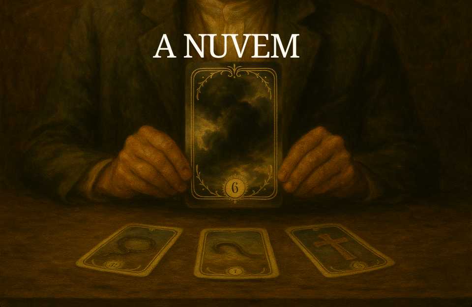 O arquétipo da Carta de número 6 do Baralho Cigano Terapêutico "As Nuvens" sendo segurada pelas mãos de um cartomante sobre uma mesa.