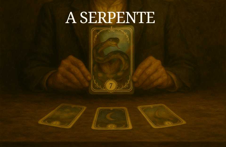 O arquétipo da Carta de número 7 do Baralho Cigano Terapêutico "A Serpente" sendo segurada pelas mãos de um cartomante sobre uma mesa.