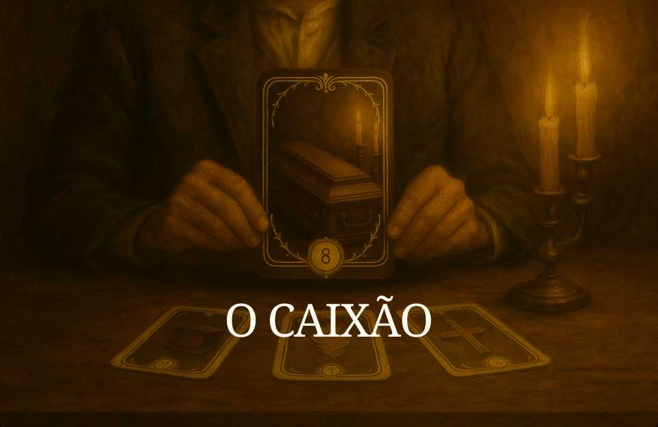 O arquétipo da Carta de número 8 do Baralho Cigano Terapêutico "O Caixão" também conhecida como "O Ataúde" sendo segurada pelas mãos de um cartomante sobre uma mesa.