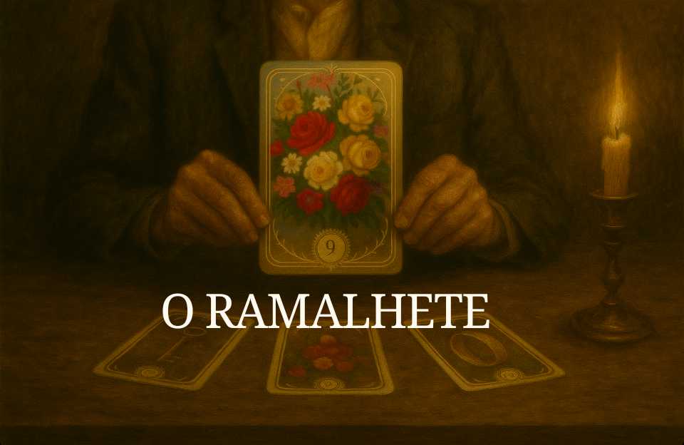 O arquétipo da Carta de número 9 do Baralho Cigano Terapêutico "O Ramalhete" também conhecida como "O Buquê ou As Flores", sendo segurada pelas mãos de um cartomante sobre uma mesa.